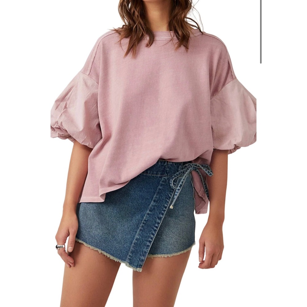 We The Free People Blossom Tee Pink Balloon Puff Sleeve Tee‎ Oversized Sz Small